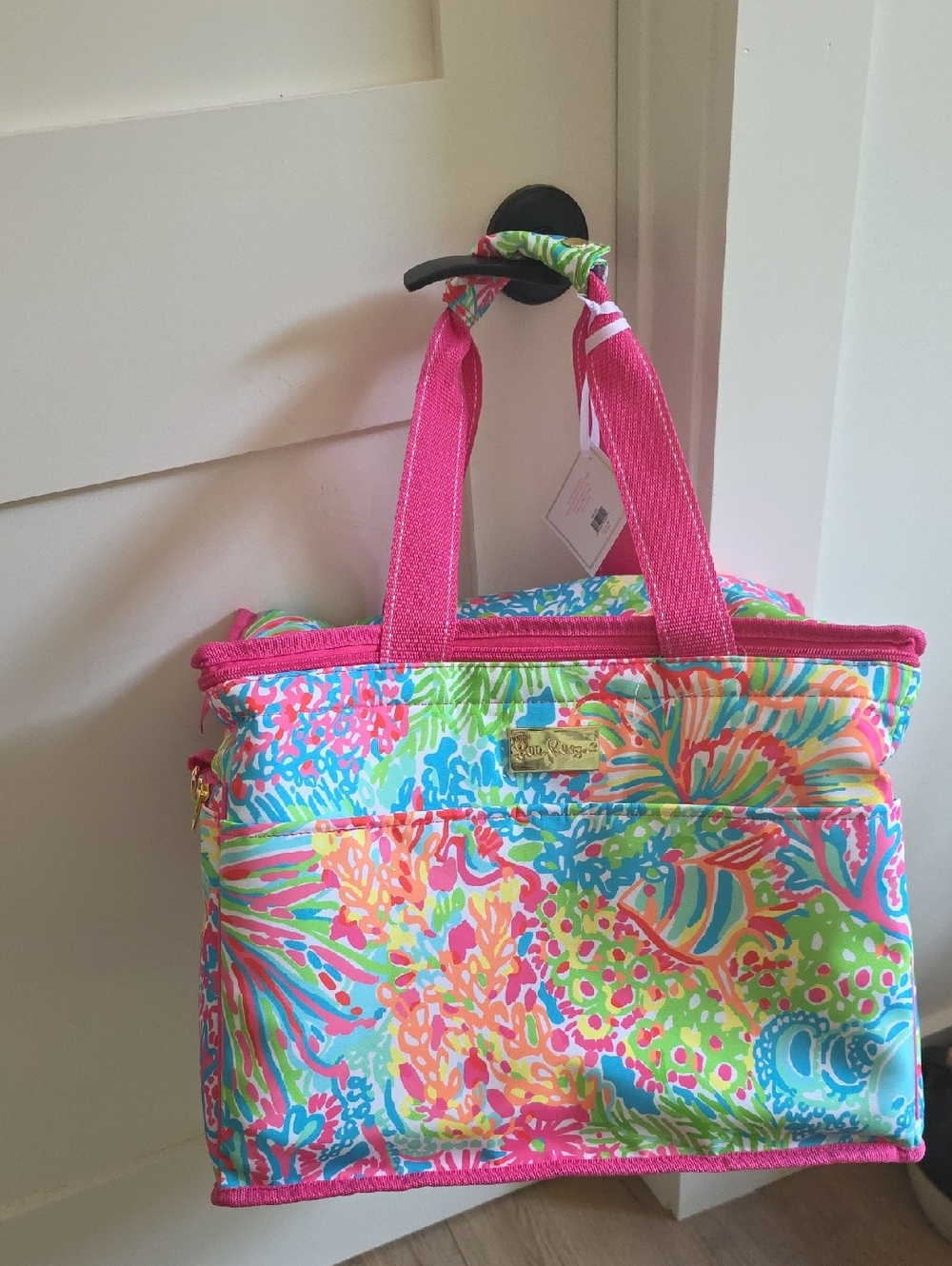 Lilly Pulitzer Neon Floral Multicolor Tote with Gold Plaque